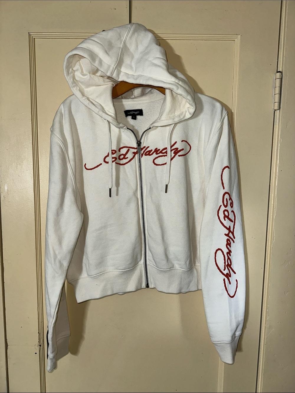 Ed Hardy White Zip Hoodie with Red Script Chest & Sleeve Logos